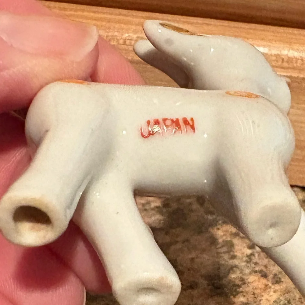 Vintage 1950s Miniature Porcelain Deer with Gold Detailing & Orange Swirls JAPAN